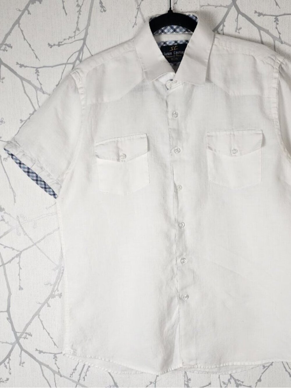 Suslo Couture White 100% Linen Short Sleeve Western Shirt
